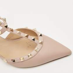 Pre Owned Valentino Beige Leather Rockstud Caged Ankle Strap Pumps Size 39