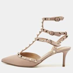 Pre Owned Valentino Beige Leather Rockstud Caged Ankle Strap Pumps Size 39