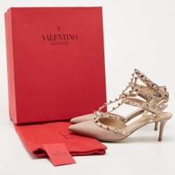 Pre Owned Valentino Beige Leather Rockstud Caged Ankle Strap Pumps Size 39