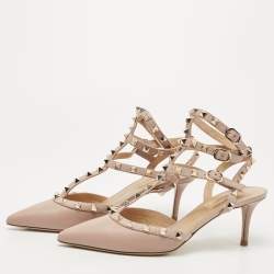 Pre Owned Valentino Beige Leather Rockstud Caged Ankle Strap Pumps Size 39