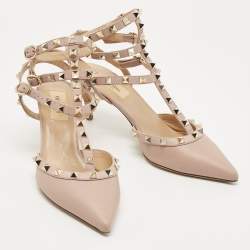 Pre Owned Valentino Beige Leather Rockstud Caged Ankle Strap Pumps Size 39