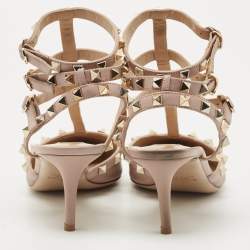 Pre Owned Valentino Beige Leather Rockstud Caged Ankle Strap Pumps Size 39