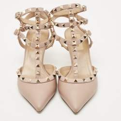Pre Owned Valentino Beige Leather Rockstud Caged Ankle Strap Pumps Size 39