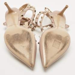 Pre Owned Valentino Beige Leather Rockstud Caged Ankle Strap Pumps Size 39