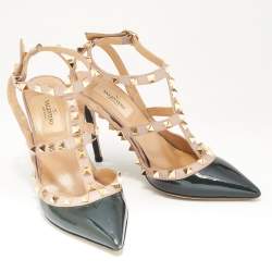 Pre Owned Valentino Green/Pink Patent Leather Rockstud Strappy Pointed Toe Pumps Size 36