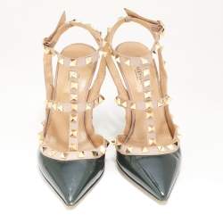Pre Owned Valentino Green/Pink Patent Leather Rockstud Strappy Pointed Toe Pumps Size 36