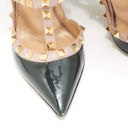 Pre Owned Valentino Green/Pink Patent Leather Rockstud Strappy Pointed Toe Pumps Size 36