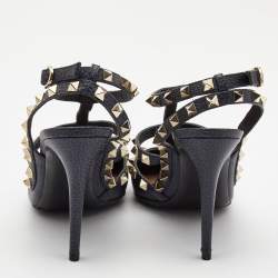 Pre Owned Valentino Navy Blue Leather Rockstud Ankle Strap Pumps Size 38.5