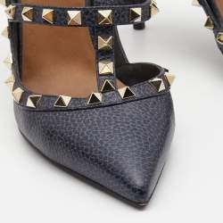 Pre Owned Valentino Navy Blue Leather Rockstud Ankle Strap Pumps Size 38.5