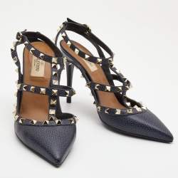 Pre Owned Valentino Navy Blue Leather Rockstud Ankle Strap Pumps Size 38.5