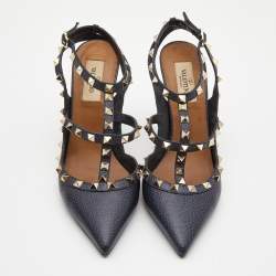 Pre Owned Valentino Navy Blue Leather Rockstud Ankle Strap Pumps Size 38.5