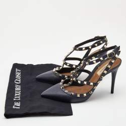 Pre Owned Valentino Navy Blue Leather Rockstud Ankle Strap Pumps Size 38.5