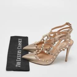 Pre Owned Valentino Metallic Dusty Pink Leather Rockstud Ankle Strap Pumps Size 37