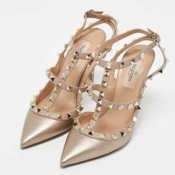 Pre Owned Valentino Metallic Dusty Pink Leather Rockstud Ankle Strap Pumps Size 37
