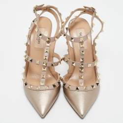 Pre Owned Valentino Metallic Dusty Pink Leather Rockstud Ankle Strap Pumps Size 37