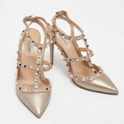 Pre Owned Valentino Metallic Dusty Pink Leather Rockstud Ankle Strap Pumps Size 37