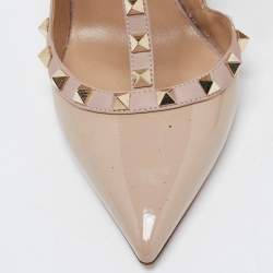 Pre Owned Valentino Beige Leather and Patent Rockstud Ankle Strap Sandals Size 40
