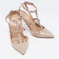 Pre Owned Valentino Beige Leather and Patent Rockstud Ankle Strap Sandals Size 40