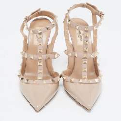 Pre Owned Valentino Beige Leather and Patent Rockstud Ankle Strap Sandals Size 40
