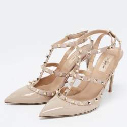 Pre Owned Valentino Beige Leather and Patent Rockstud Ankle Strap Sandals Size 40