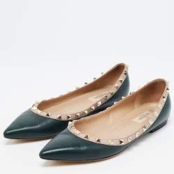 Pre Owned Valentino Dark Green/Dusty Pink Leather Rockstud Ballet Flats Size 39
