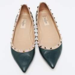 Pre Owned Valentino Dark Green/Dusty Pink Leather Rockstud Ballet Flats Size 39