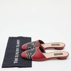 Pre Owned Valentino Red/Black Leather Panther Flat Mules Size 37.5
