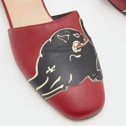 Pre Owned Valentino Red/Black Leather Panther Flat Mules Size 37.5