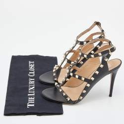 Pre Owned Valentino Black Leather Rockstud Ankle Strap Sandals Size 38