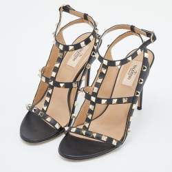 Pre Owned Valentino Black Leather Rockstud Ankle Strap Sandals Size 38