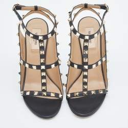 Pre Owned Valentino Black Leather Rockstud Ankle Strap Sandals Size 38