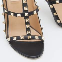 Pre Owned Valentino Black Leather Rockstud Ankle Strap Sandals Size 38