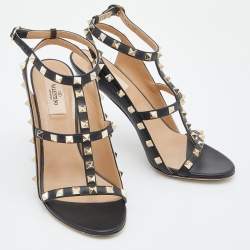 Pre Owned Valentino Black Leather Rockstud Ankle Strap Sandals Size 38