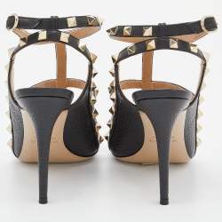 Pre Owned Valentino Black Leather Rockstud Ankle Strap Sandals Size 38