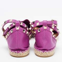 Pre Owned Valentino Purple Leather Rockstud Ankle Strap Espadrille Flats Size 38