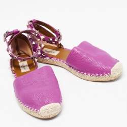 Pre Owned Valentino Purple Leather Rockstud Ankle Strap Espadrille Flats Size 38