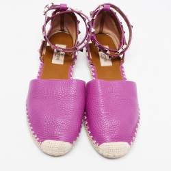 Pre Owned Valentino Purple Leather Rockstud Ankle Strap Espadrille Flats Size 38