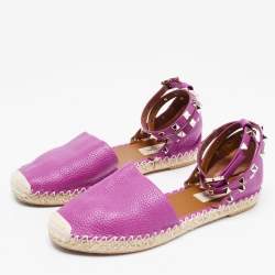 Pre Owned Valentino Purple Leather Rockstud Ankle Strap Espadrille Flats Size 38