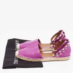 Pre Owned Valentino Purple Leather Rockstud Ankle Strap Espadrille Flats Size 38