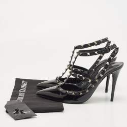 Pre Owned Valentino Black Patent Leather Rockstud Strappy Pointed Toe Pumps Size 40