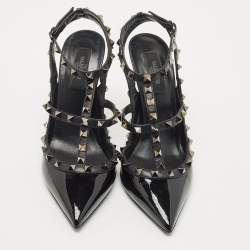 Pre Owned Valentino Black Patent Leather Rockstud Strappy Pointed Toe Pumps Size 40