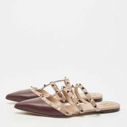 Pre Owned Valentino Burgundy/Beige Leather Rockstud Mules Size 39
