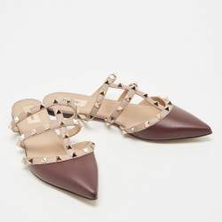 Pre Owned Valentino Burgundy/Beige Leather Rockstud Mules Size 39