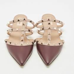 Pre Owned Valentino Burgundy/Beige Leather Rockstud Mules Size 39