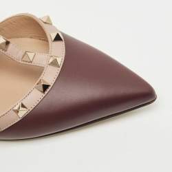 Pre Owned Valentino Burgundy/Beige Leather Rockstud Mules Size 39