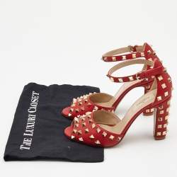Pre Owned Valentino Red Leather Rockstud Ankle Strap Sandals Size 38
