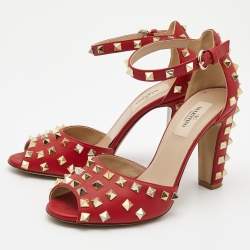 Pre Owned Valentino Red Leather Rockstud Ankle Strap Sandals Size 38