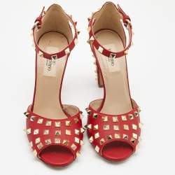Pre Owned Valentino Red Leather Rockstud Ankle Strap Sandals Size 38