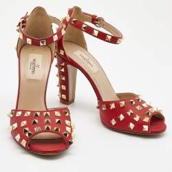 Pre Owned Valentino Red Leather Rockstud Ankle Strap Sandals Size 38