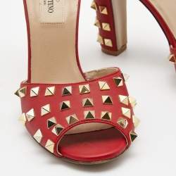 Pre Owned Valentino Red Leather Rockstud Ankle Strap Sandals Size 38